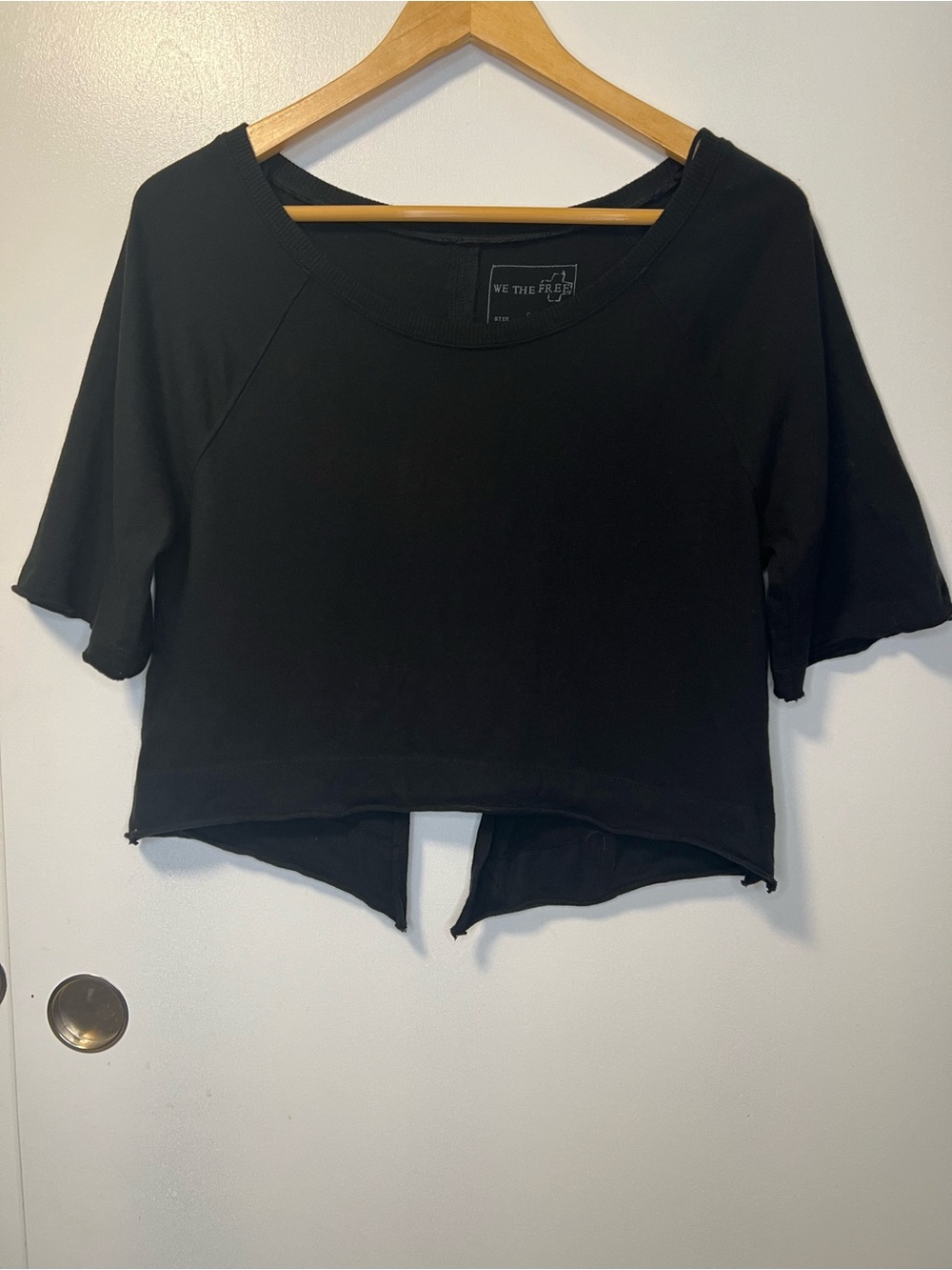 Free People We The Free Black Cropped Tee with Back Raw Split Hem